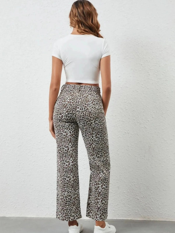 Leopard Print Wide Leg Jeans - ShalayeFashion
