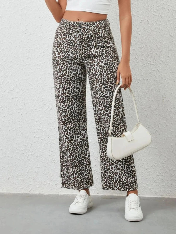 Leopard Print Wide Leg Jeans - ShalayeFashion