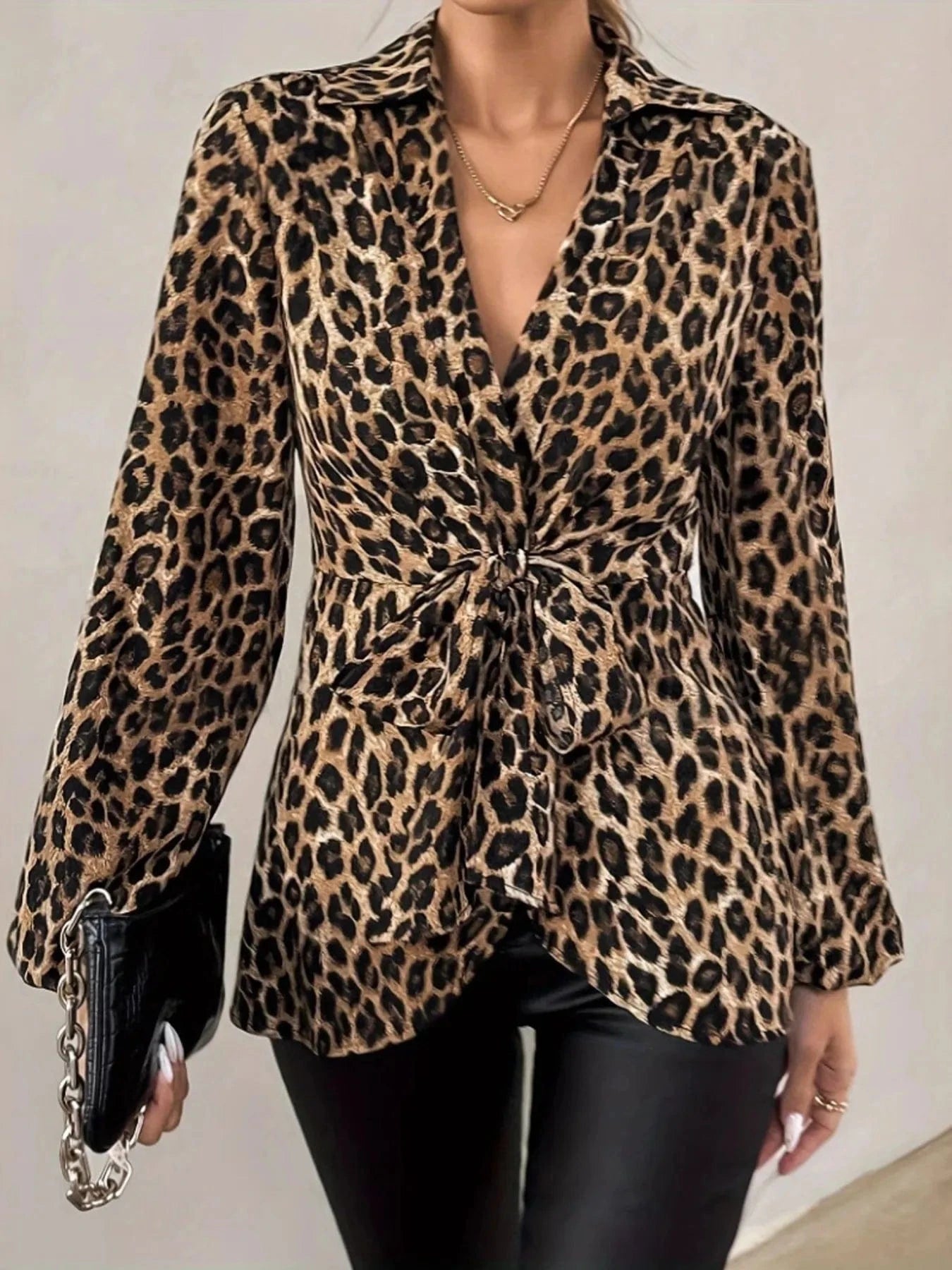 Leopard Tie Front Long Sleeve Blouse - ShalayeFashion