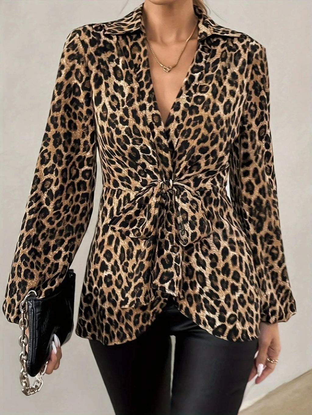 Leopard Tie Front Long Sleeve Blouse - ShalayeFashion