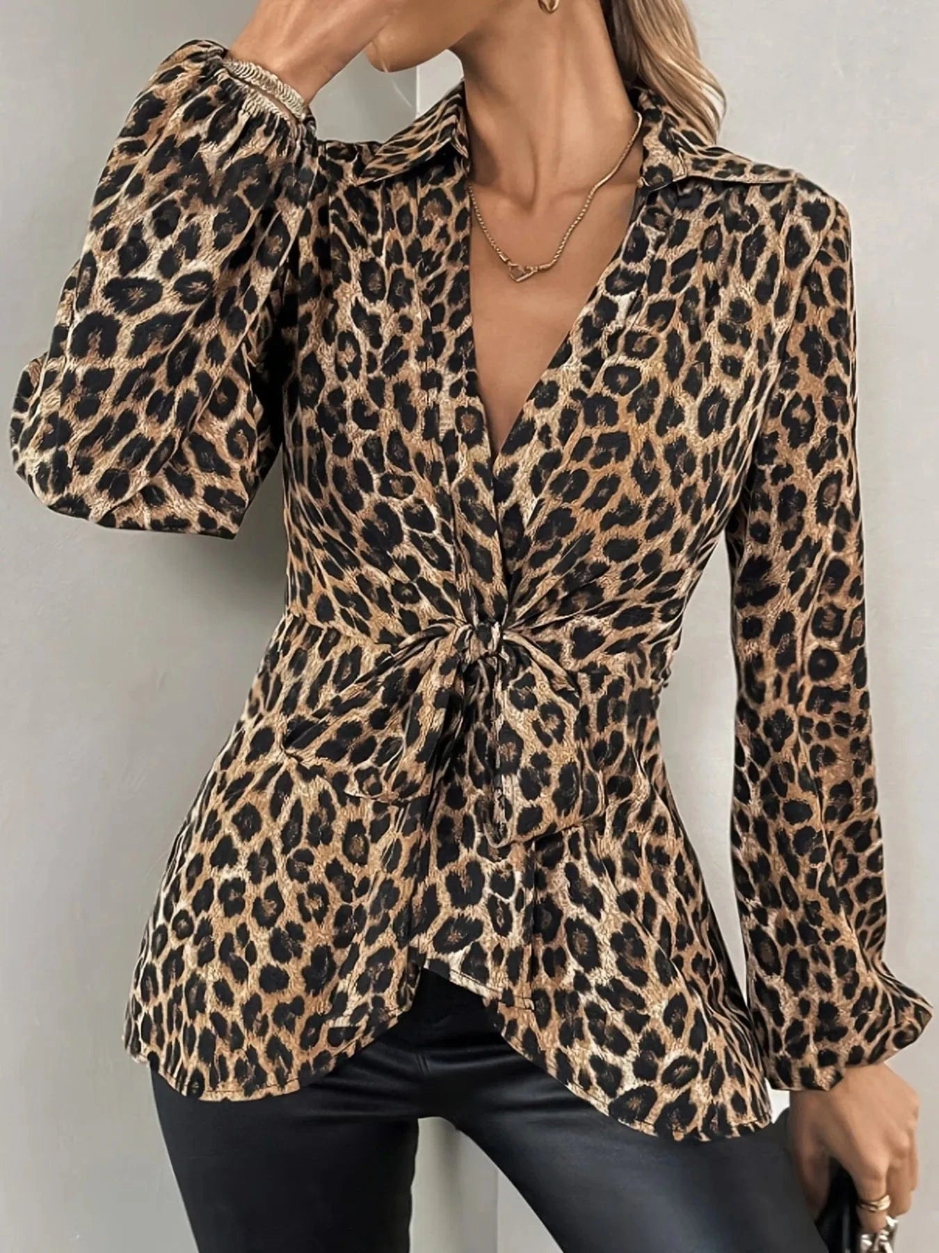Leopard Tie Front Long Sleeve Blouse - ShalayeFashion