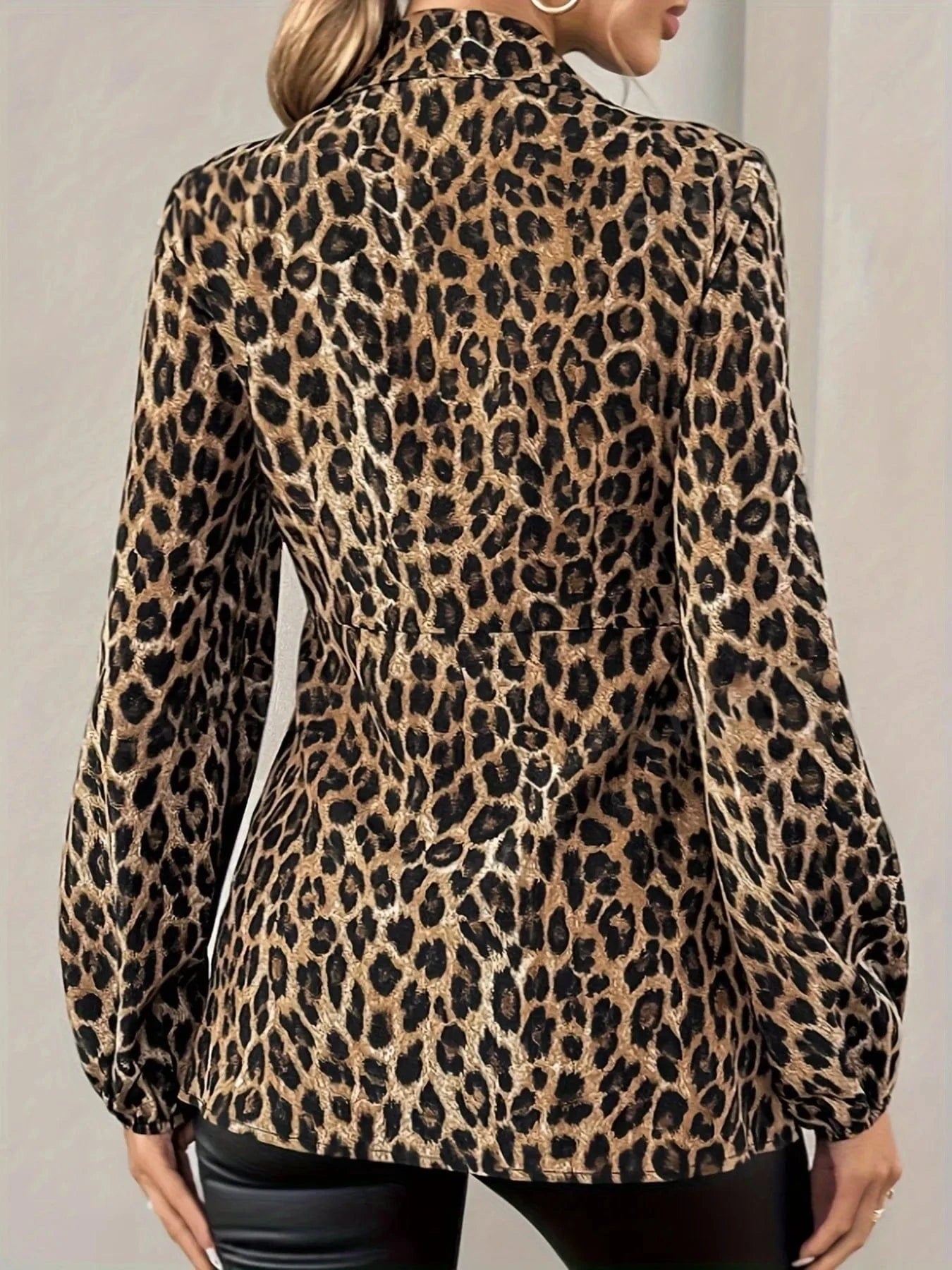 Leopard Tie Front Long Sleeve Blouse - ShalayeFashion