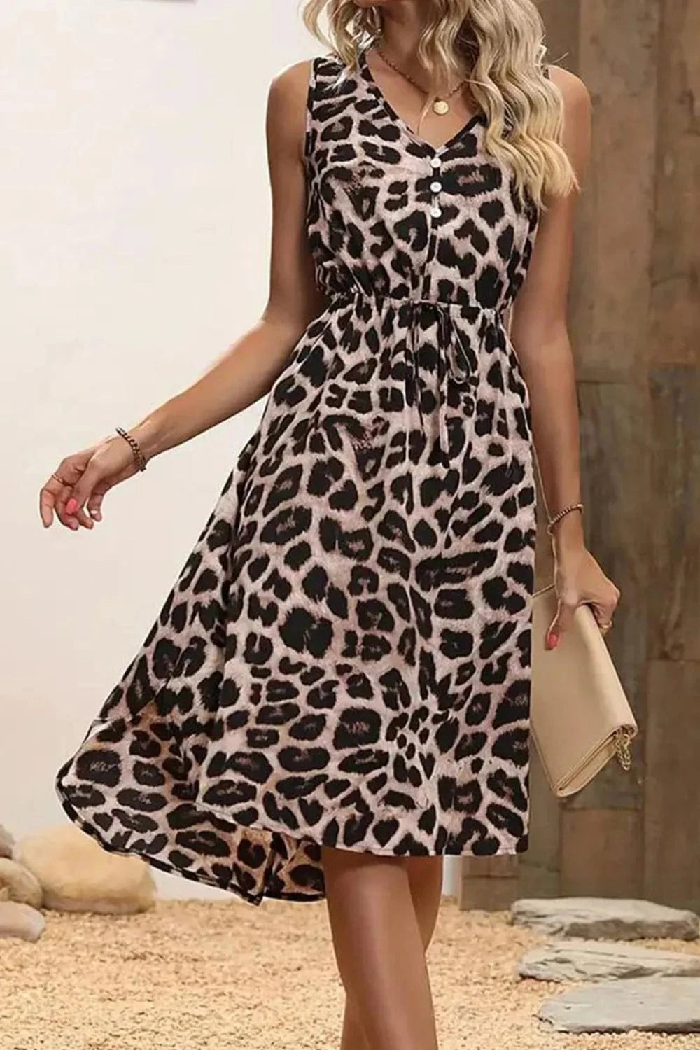 Leopard V - Neck Sleeveless Dress - ShalayeFashion