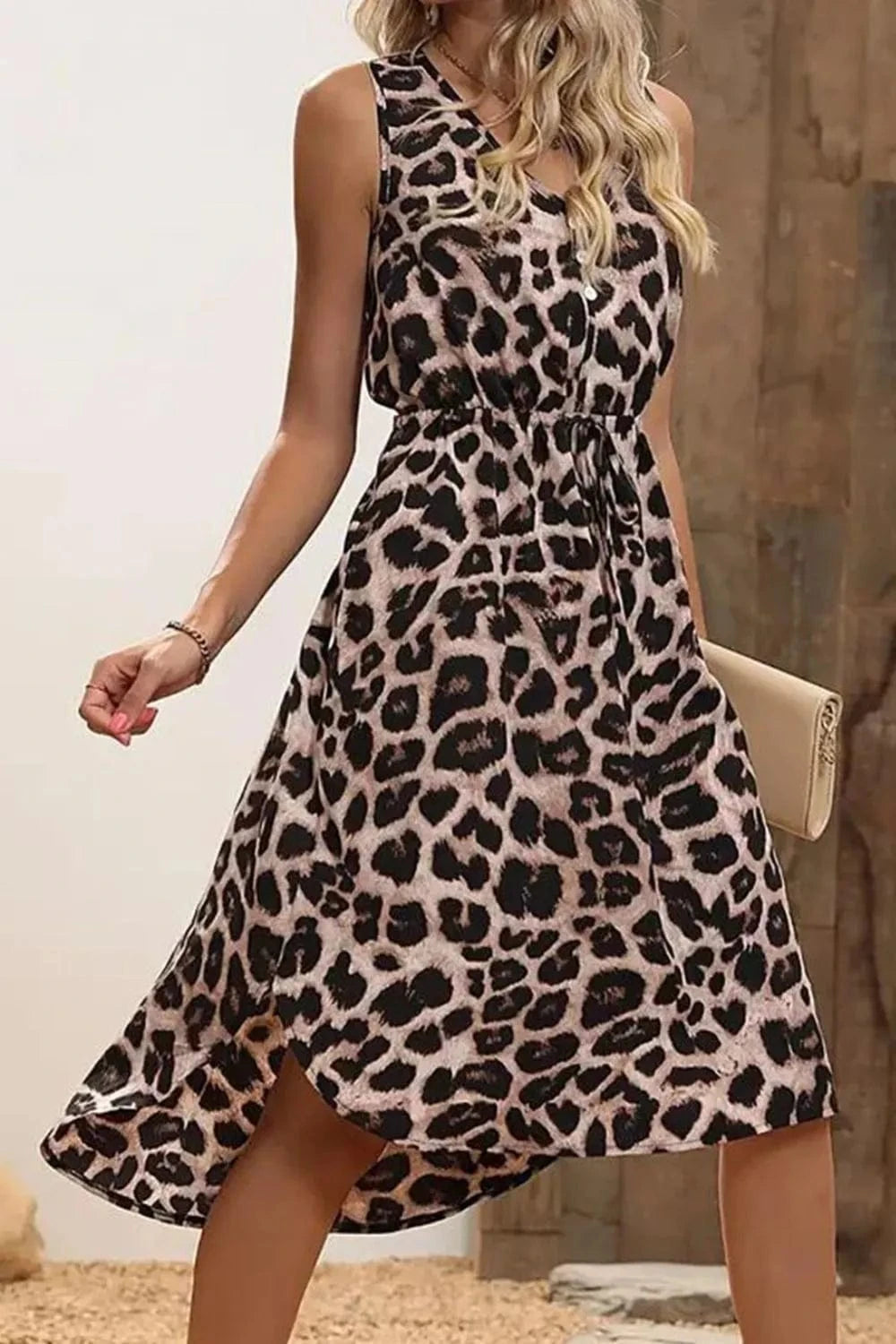 Leopard V - Neck Sleeveless Dress - ShalayeFashion