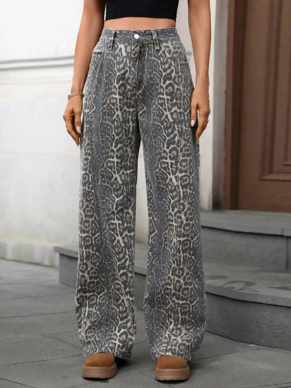 Leopard Wide Leg Jeans - ShalayeFashion