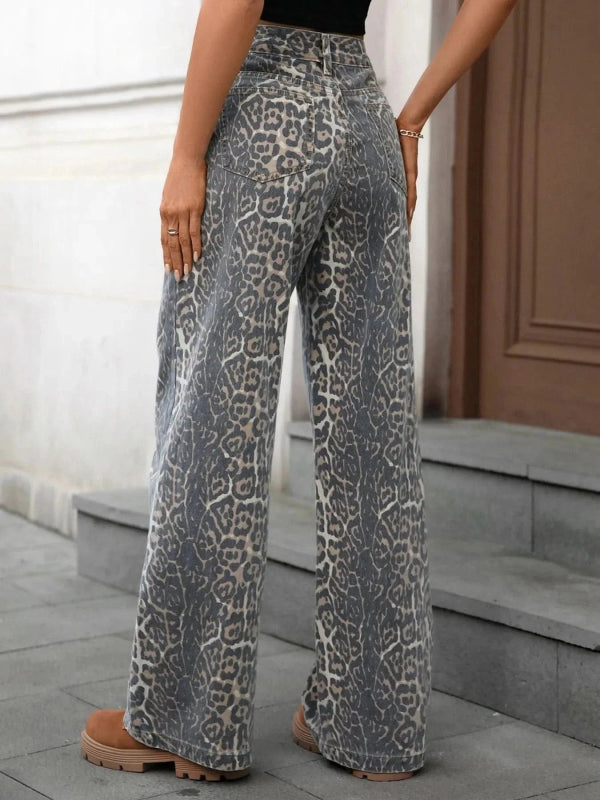 Leopard Wide Leg Jeans - ShalayeFashion