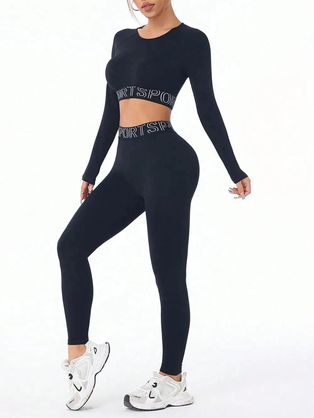 Letter Print Round Neck Long Sleeve Top and Leggings Active Set - ShalayeFashion