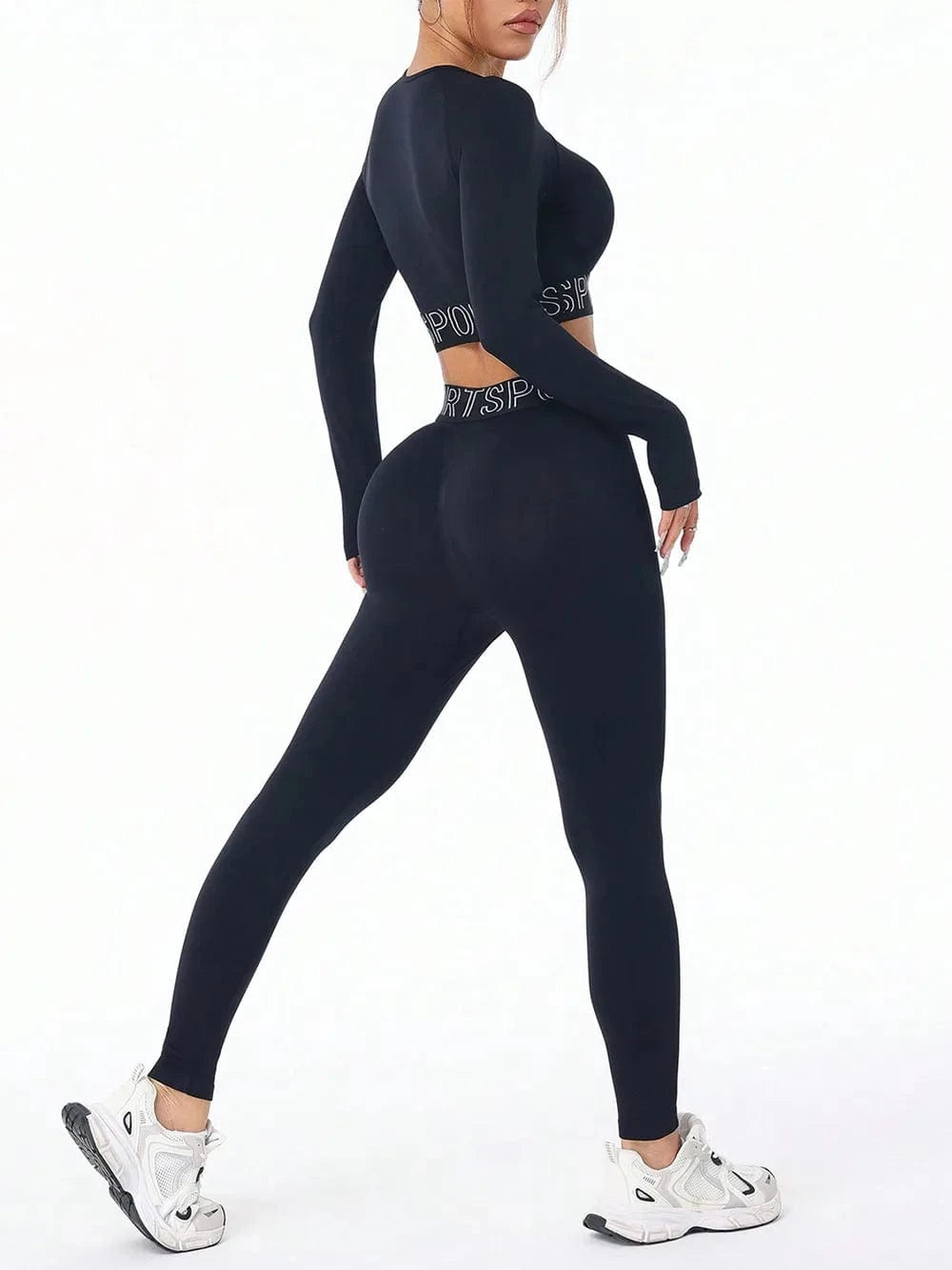 Letter Print Round Neck Long Sleeve Top and Leggings Active Set - ShalayeFashion