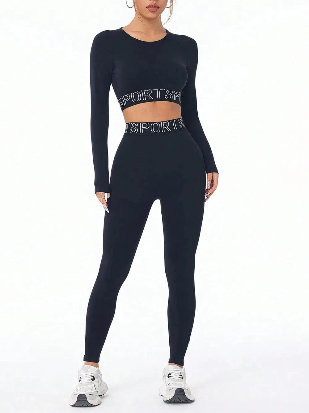 Letter Print Round Neck Long Sleeve Top and Leggings Active Set - ShalayeFashion