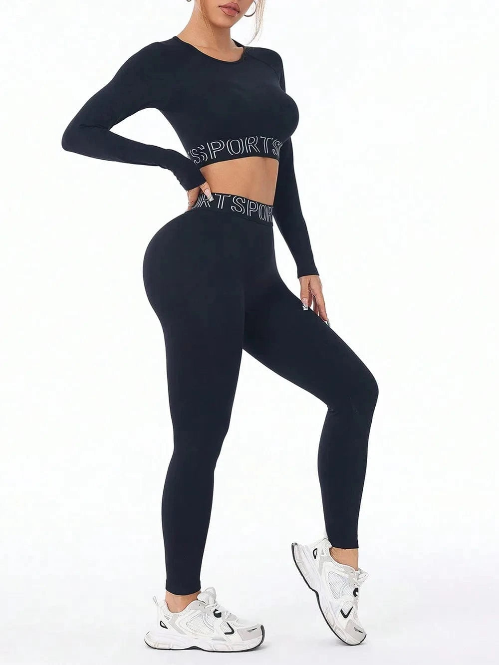 Letter Print Round Neck Long Sleeve Top and Leggings Active Set - ShalayeFashion