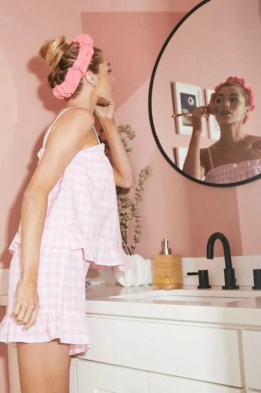 Lime 'N' Chili Gingham Ruffle Trim Cami and Shorts Pajama Set - ShalayeFashion