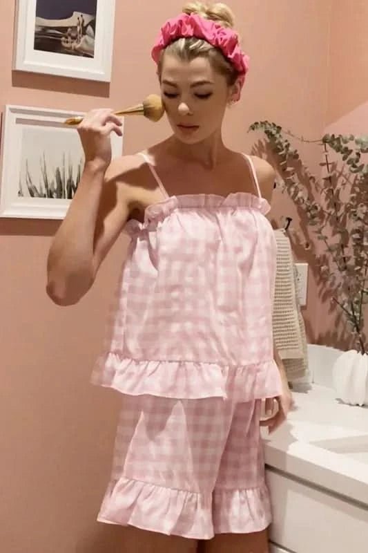 Lime 'N' Chili Gingham Ruffle Trim Cami and Shorts Pajama Set - ShalayeFashion