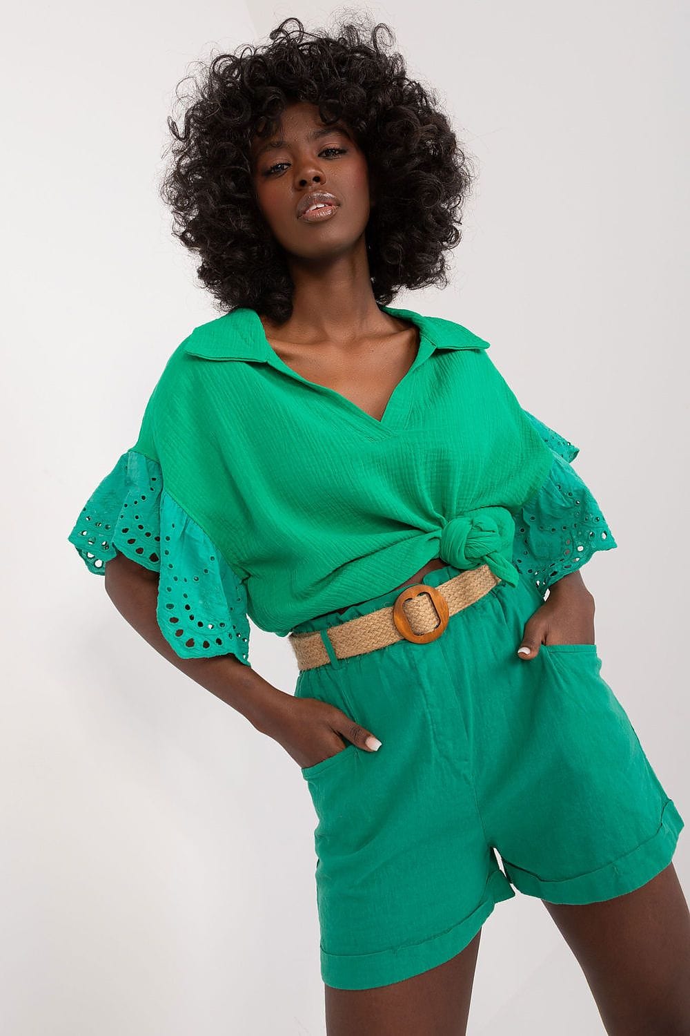 Linen Cotton Shorts High Rise Buckled - ShalayeFashion