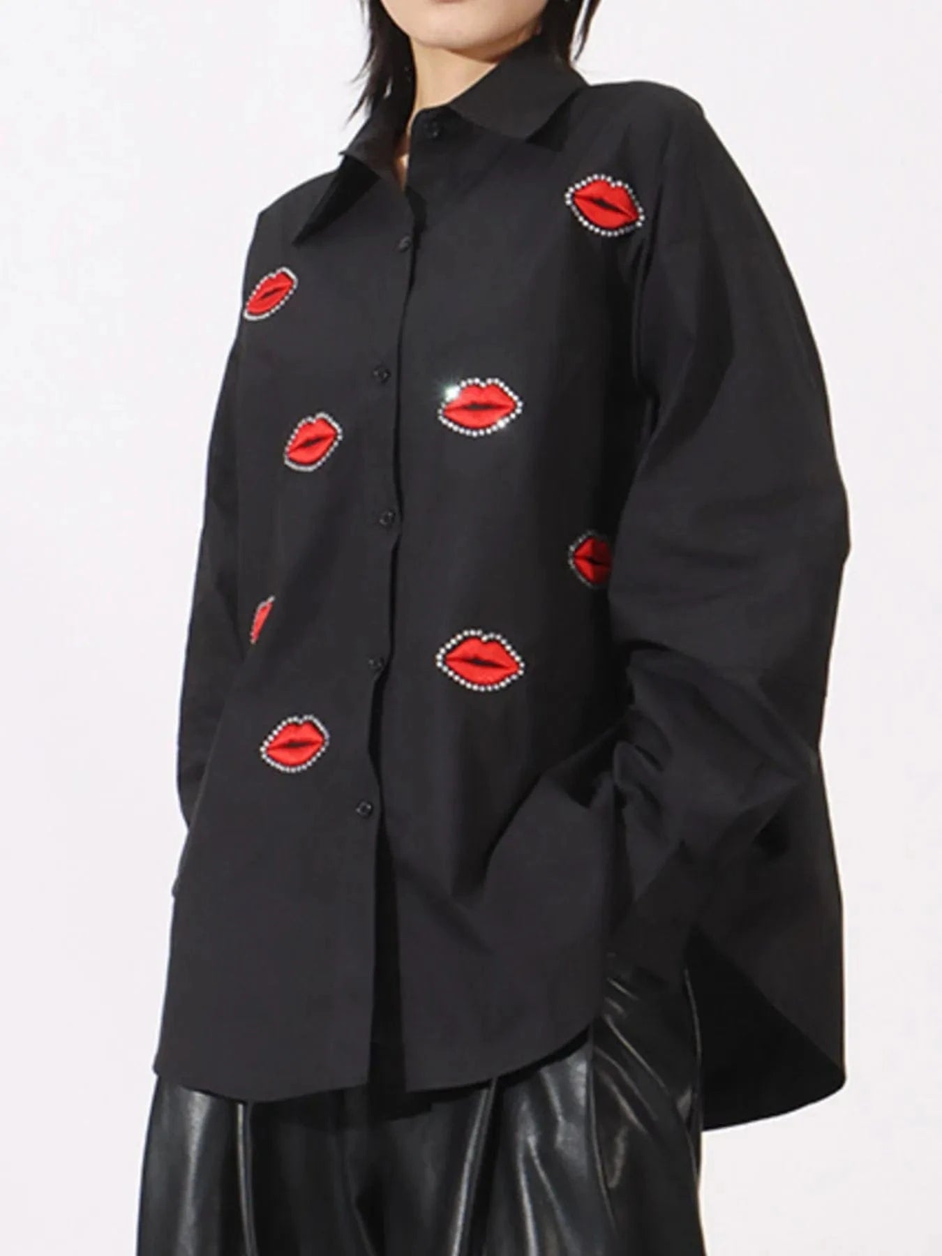 Lips Button Up Long Sleeve Shirt - ShalayeFashion