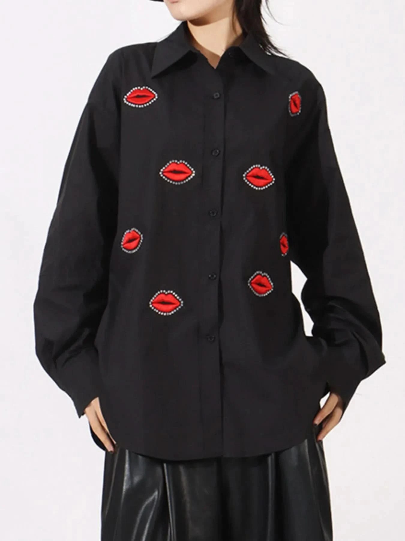 Lips Button Up Long Sleeve Shirt - ShalayeFashion