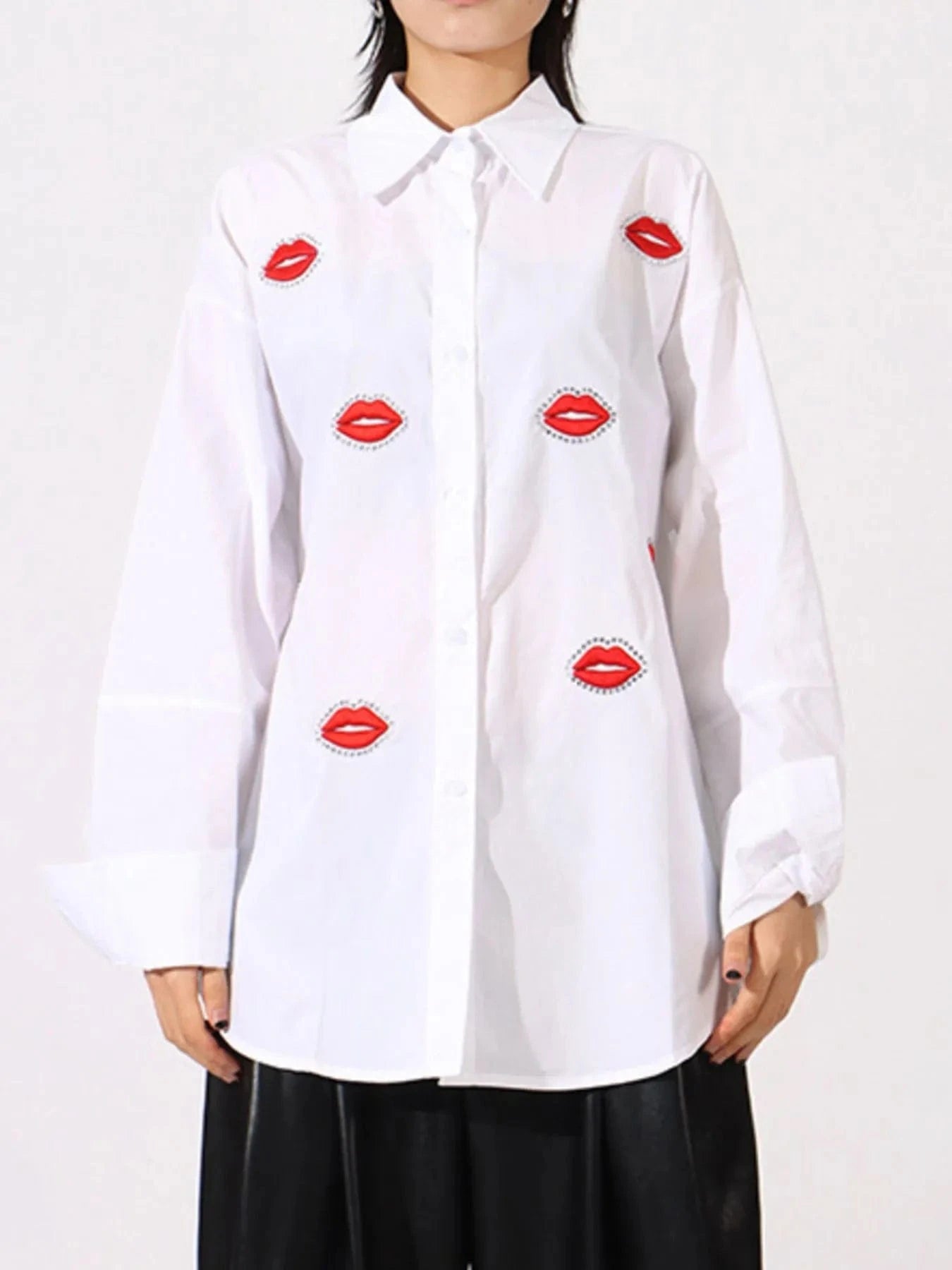 Lips Button Up Long Sleeve Shirt - ShalayeFashion