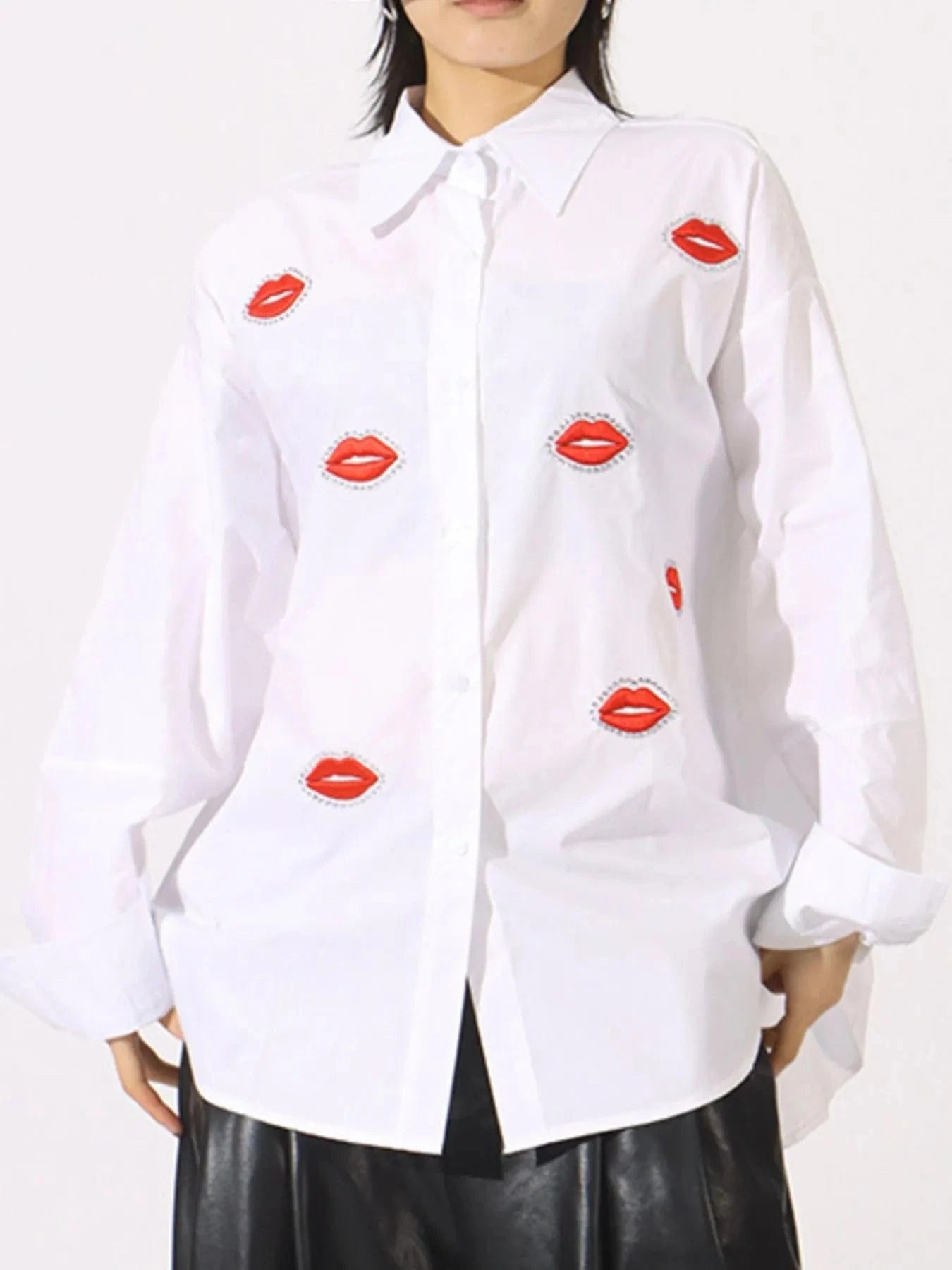 Lips Button Up Long Sleeve Shirt - ShalayeFashion