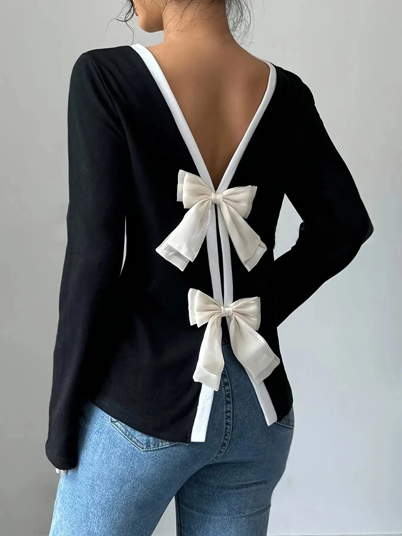 Long Sleeve Bow Tie Back T-Shirt - ShalayeFashion