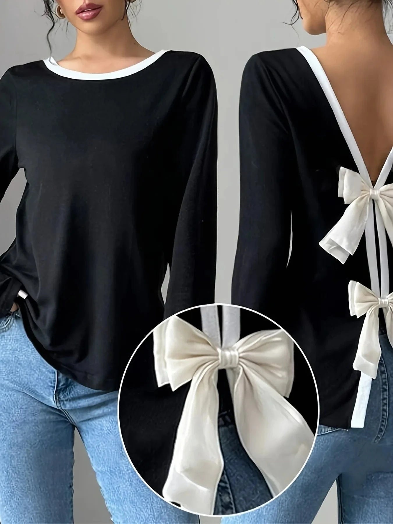 Long Sleeve Bow Tie Back T-Shirt - ShalayeFashion