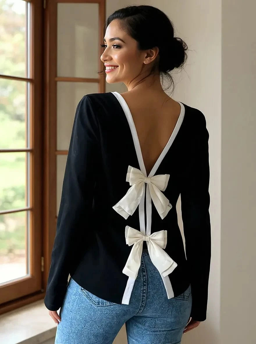 Long Sleeve Bow Tie Back T-Shirt - ShalayeFashion