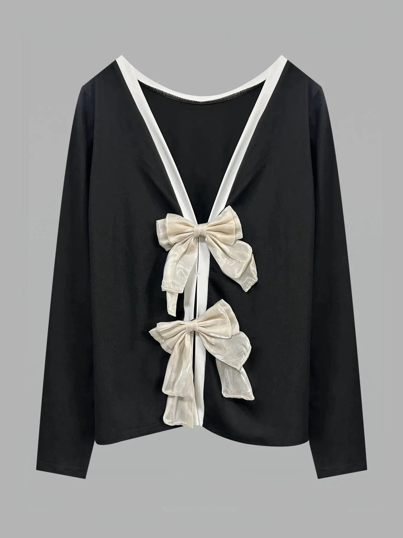 Long Sleeve Bow Tie Back T-Shirt - ShalayeFashion