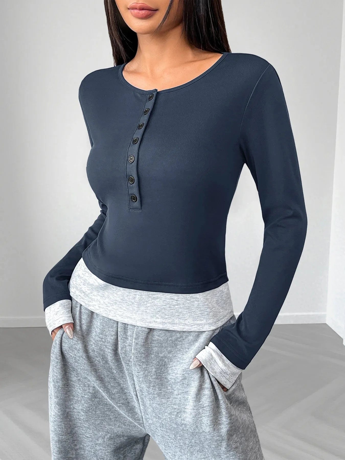 Long Sleeve Button Front Fitted T-Shirt - ShalayeFashion