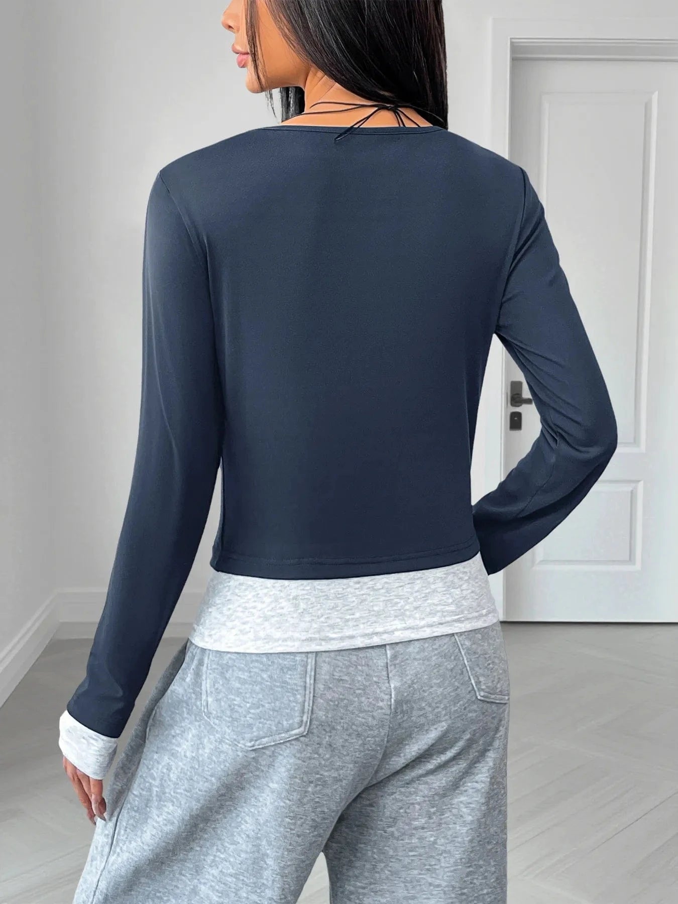 Long Sleeve Button Front Fitted T-Shirt - ShalayeFashion