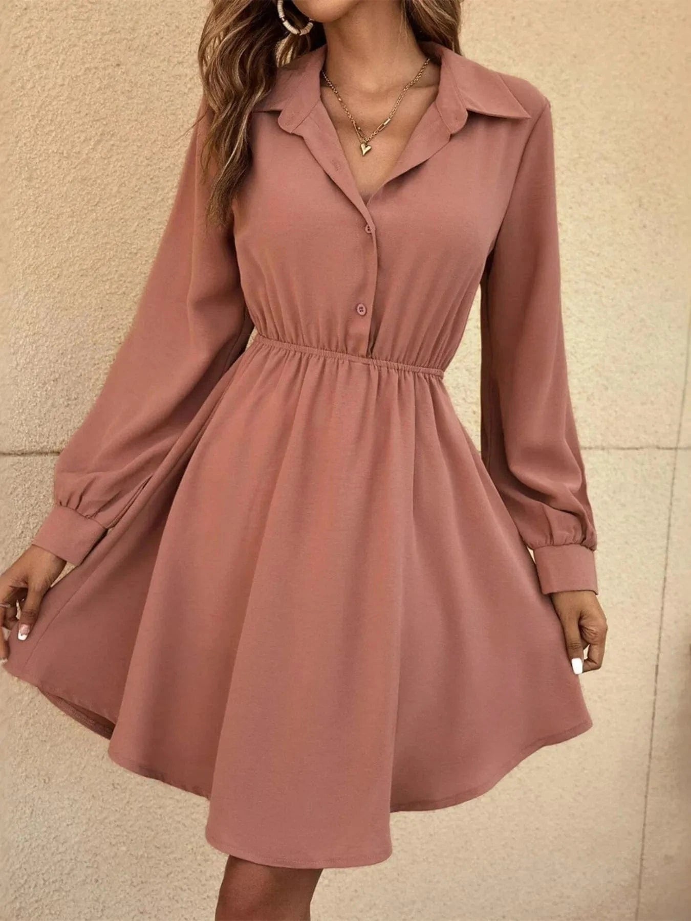 Long Sleeve Button - Front Shirt Dress - ShalayeFashion