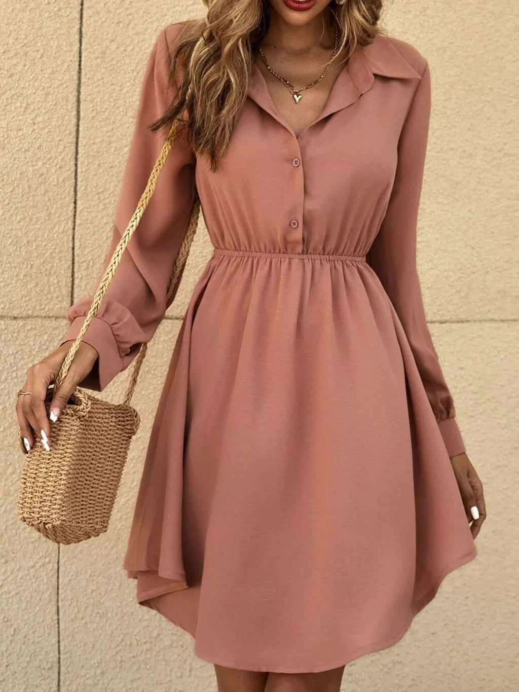 Long Sleeve Button - Front Shirt Dress - ShalayeFashion