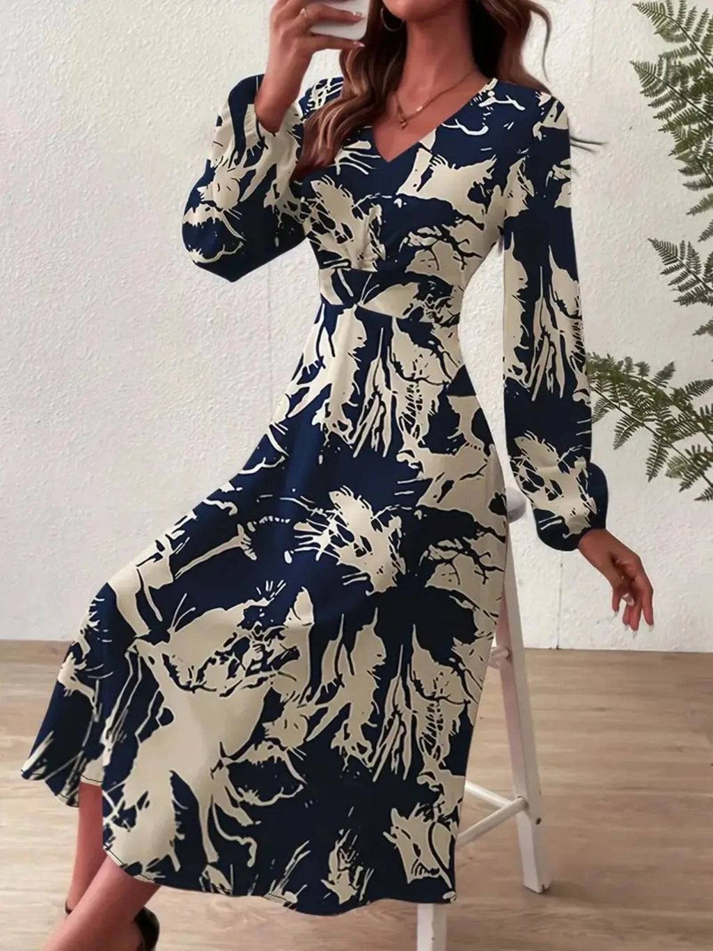 Long Sleeve Printed Midi Dress - ShalayeFashion