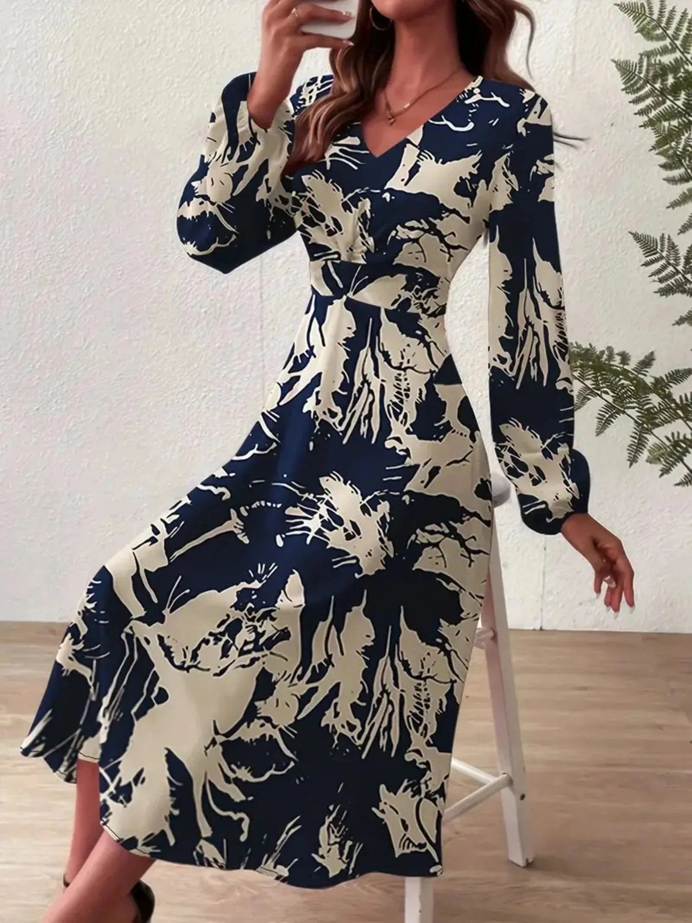 Long Sleeve Printed Midi Dress - ShalayeFashion