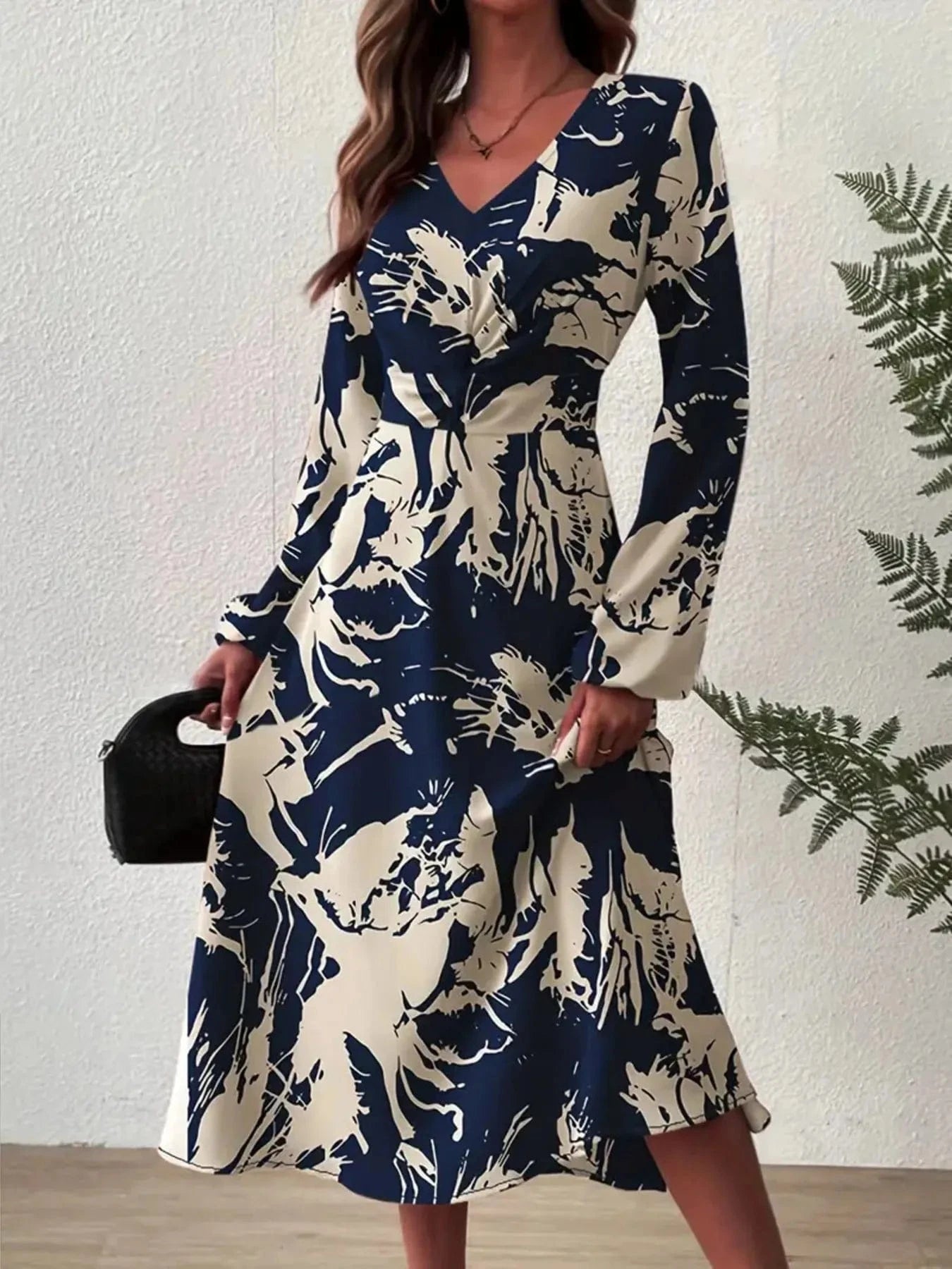 Long Sleeve Printed Midi Dress - ShalayeFashion