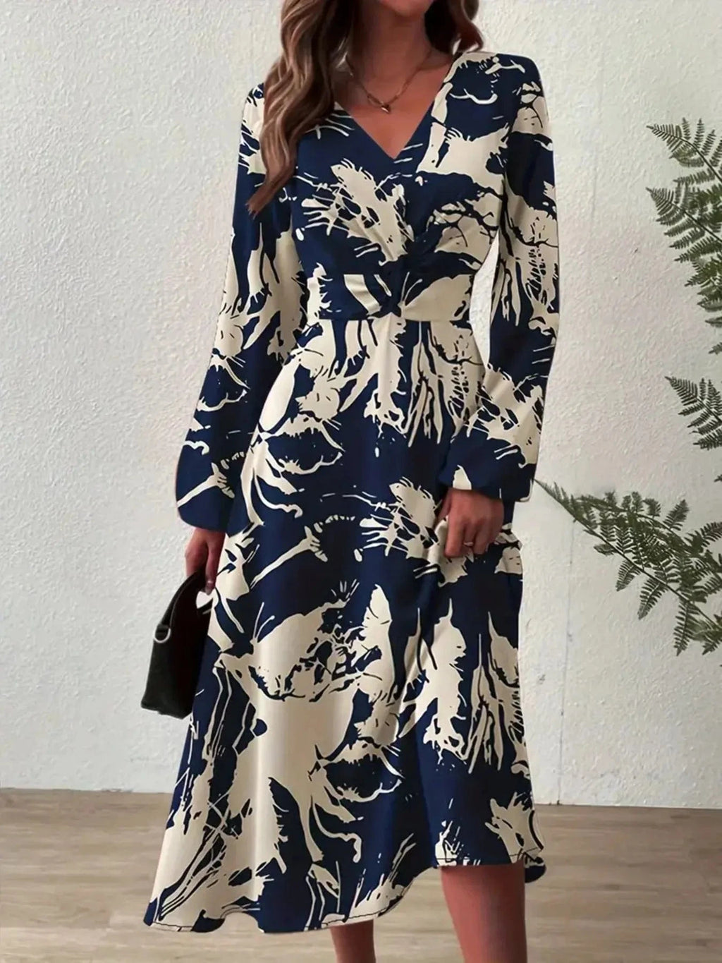 Long Sleeve Printed Midi Dress - ShalayeFashion