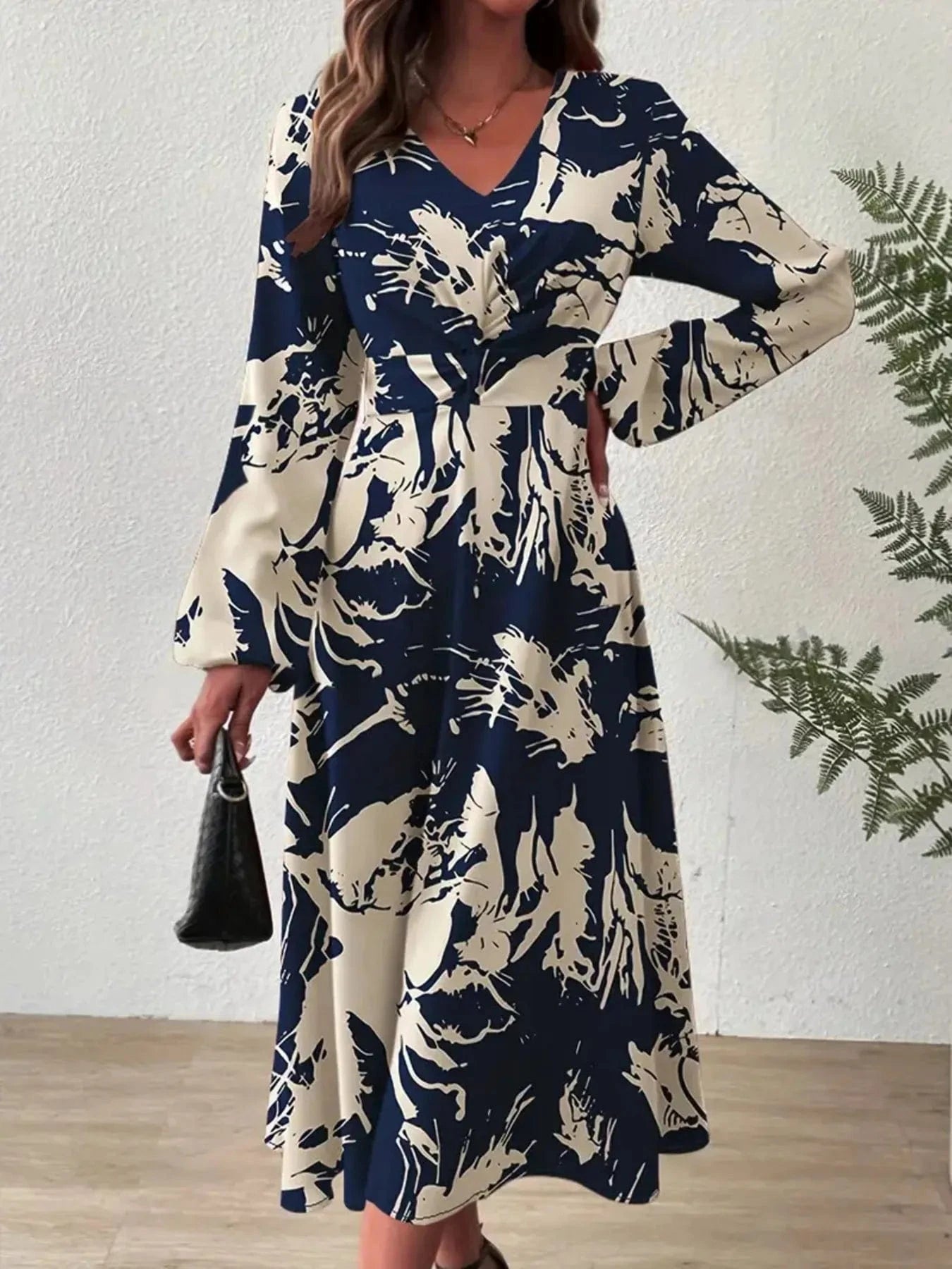 Long Sleeve Printed Midi Dress - ShalayeFashion