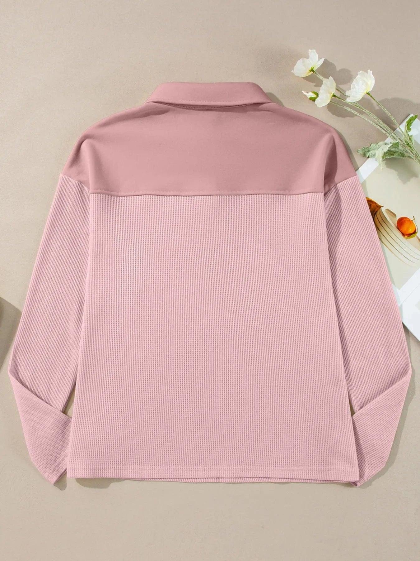 Long Sleeve Thermal Knit Polo Top - ShalayeFashion