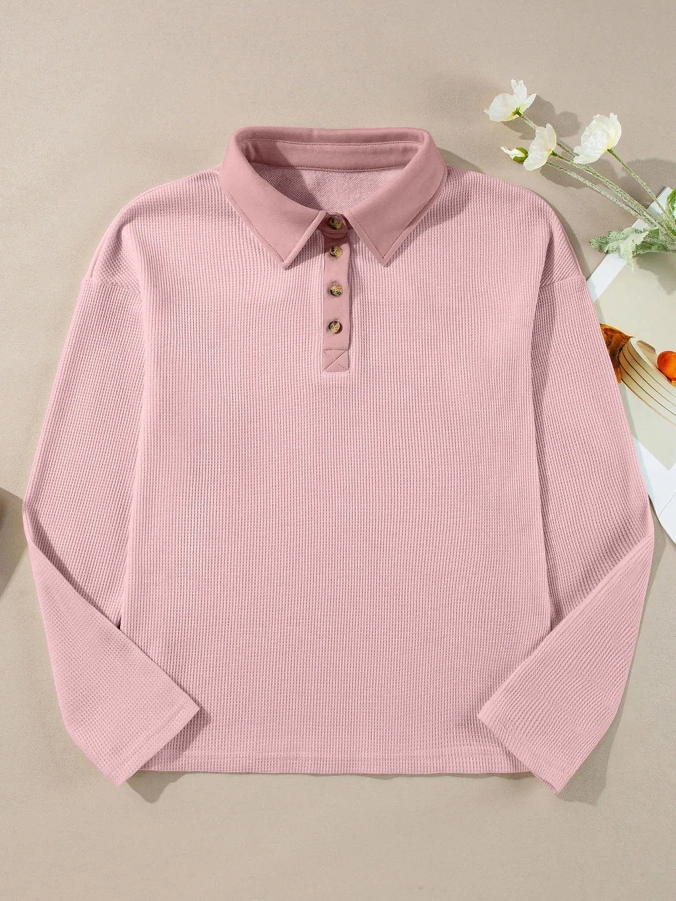 Long Sleeve Thermal Knit Polo Top - ShalayeFashion