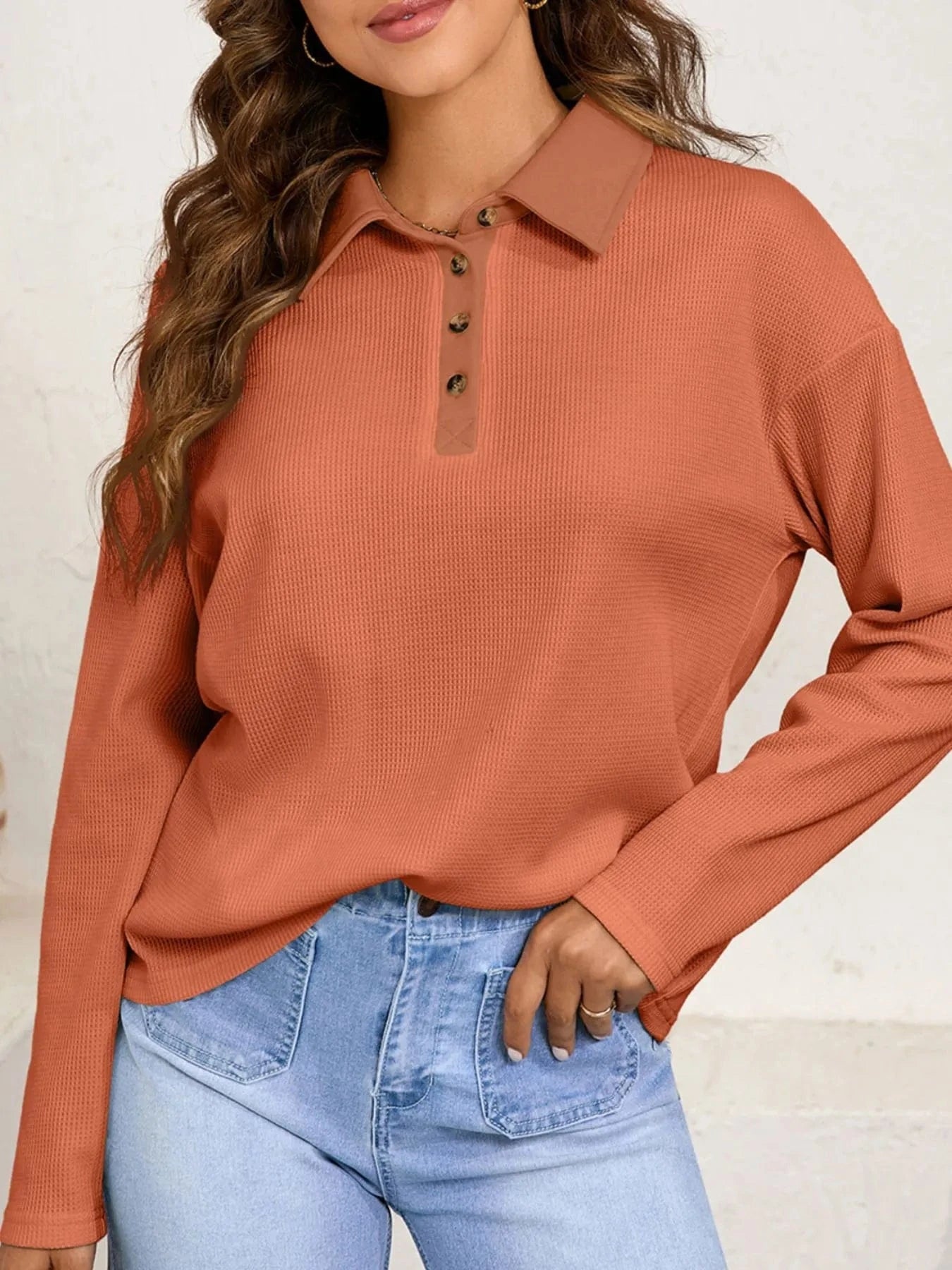 Long Sleeve Thermal Knit Polo Top - ShalayeFashion