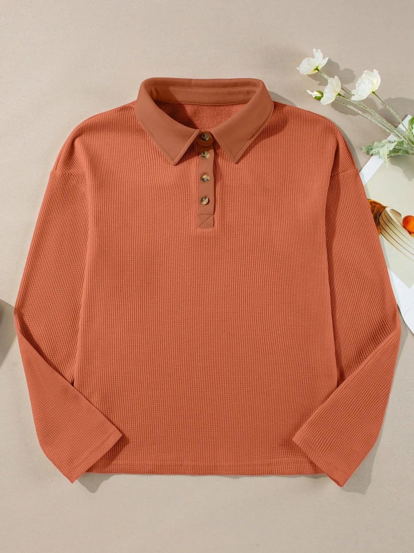 Long Sleeve Thermal Knit Polo Top - ShalayeFashion
