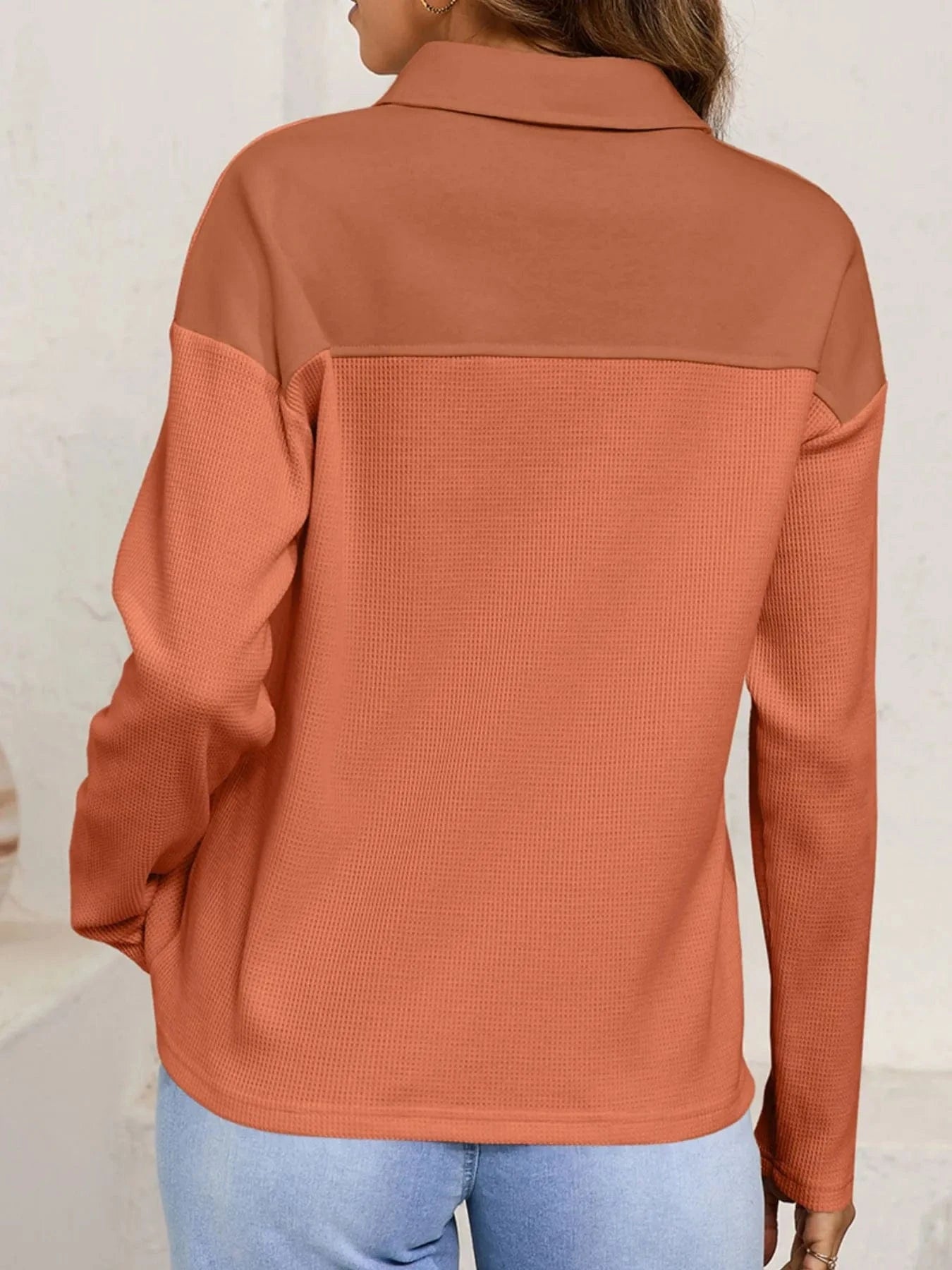 Long Sleeve Thermal Knit Polo Top - ShalayeFashion