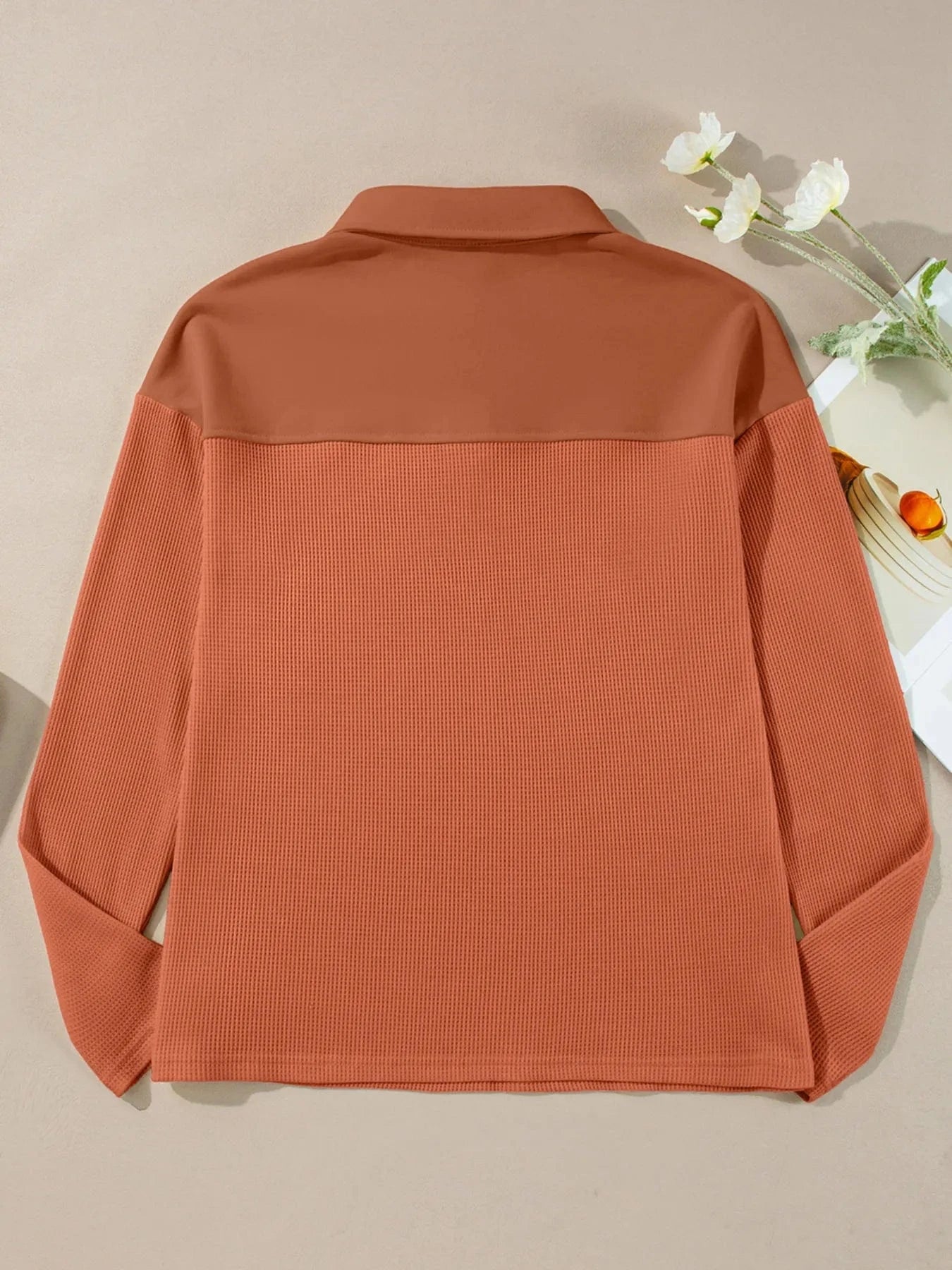 Long Sleeve Thermal Knit Polo Top - ShalayeFashion