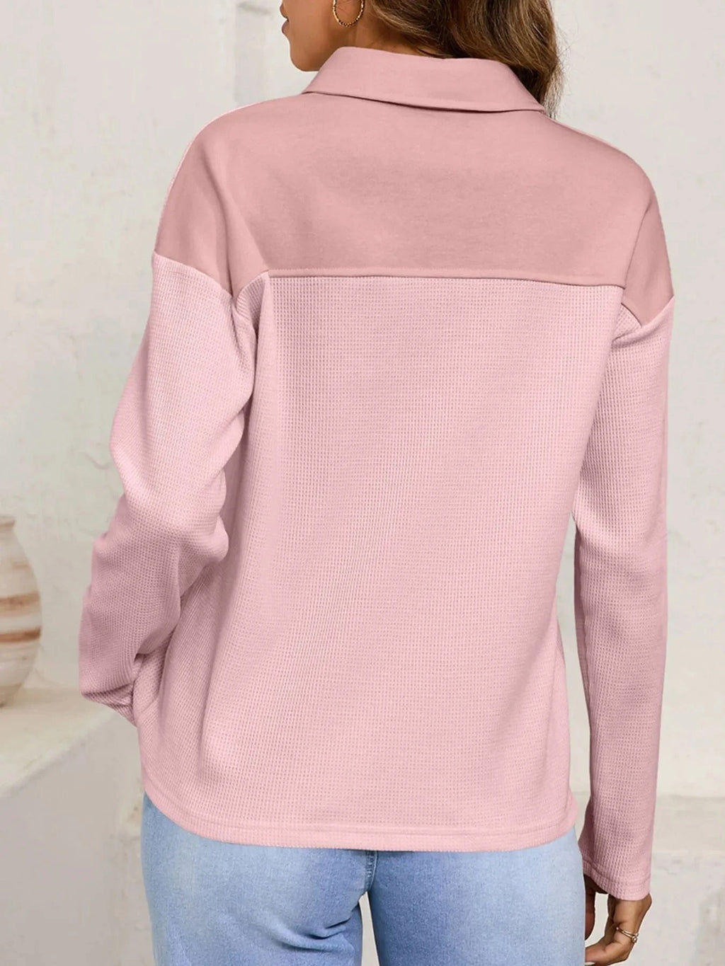 Long Sleeve Thermal Knit Polo Top - ShalayeFashion