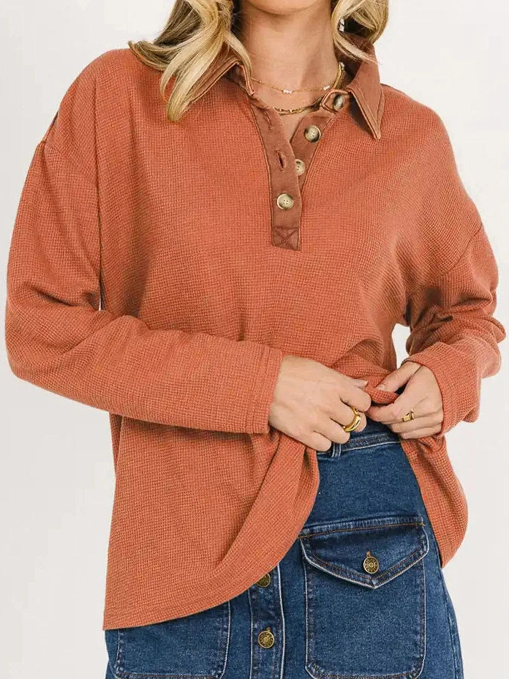 Long Sleeve Thermal Knit Polo Top - ShalayeFashion