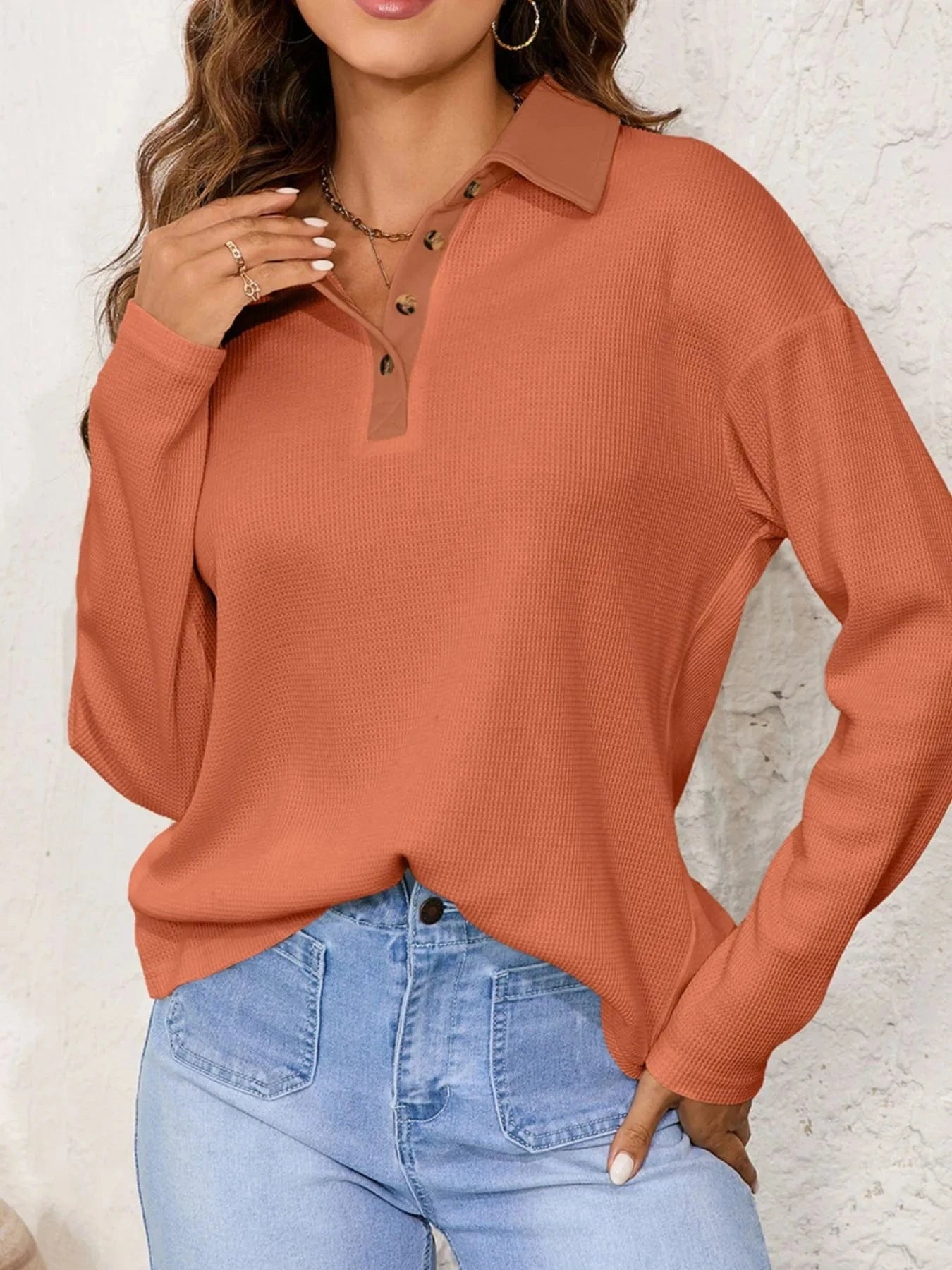 Long Sleeve Thermal Knit Polo Top - ShalayeFashion