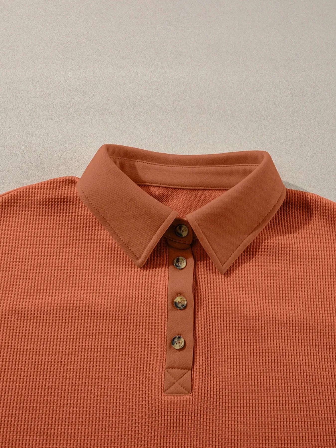 Long Sleeve Thermal Knit Polo Top - ShalayeFashion