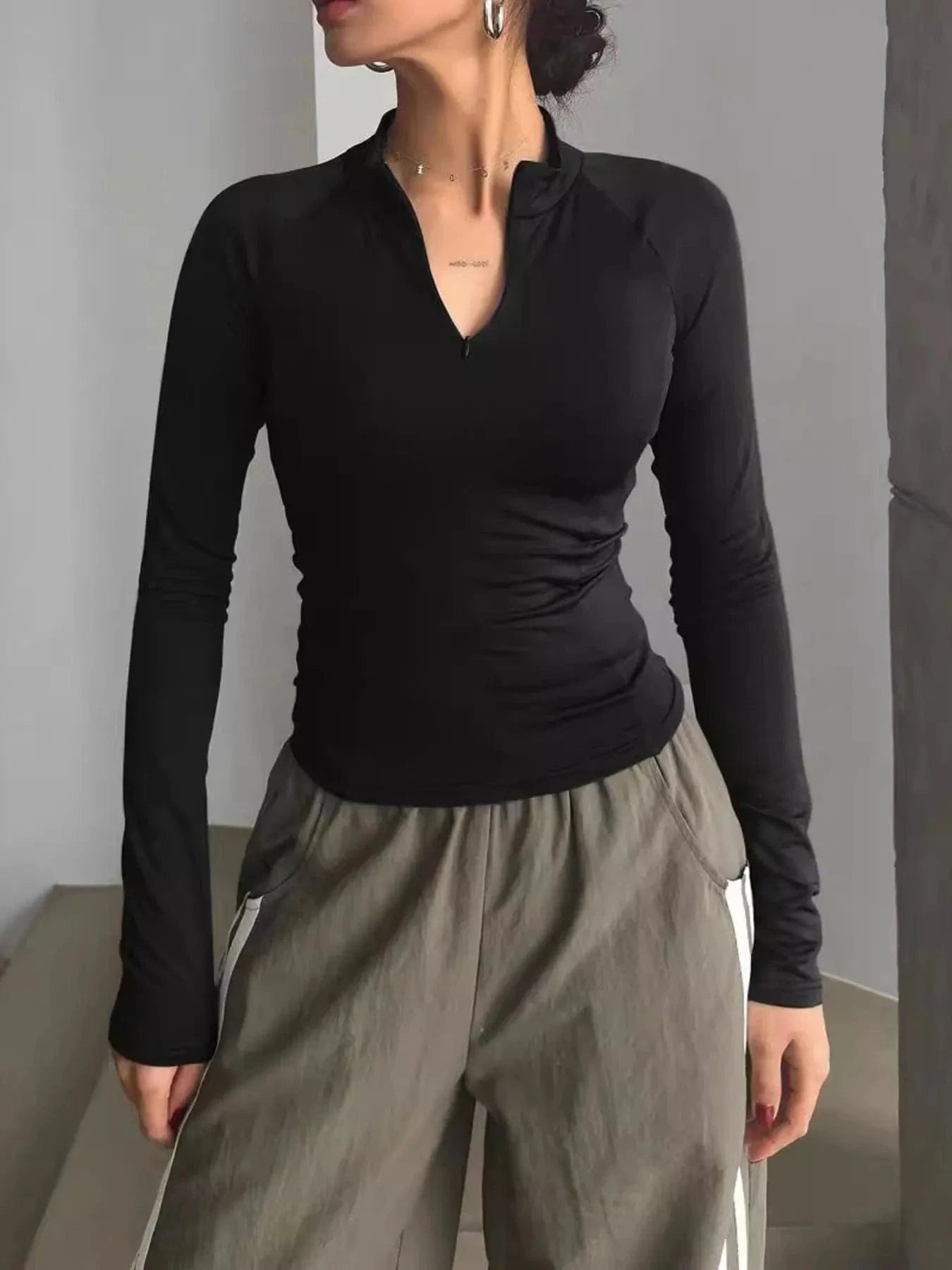 Long Sleeve Zip Front Fitted T-Shirt - ShalayeFashion