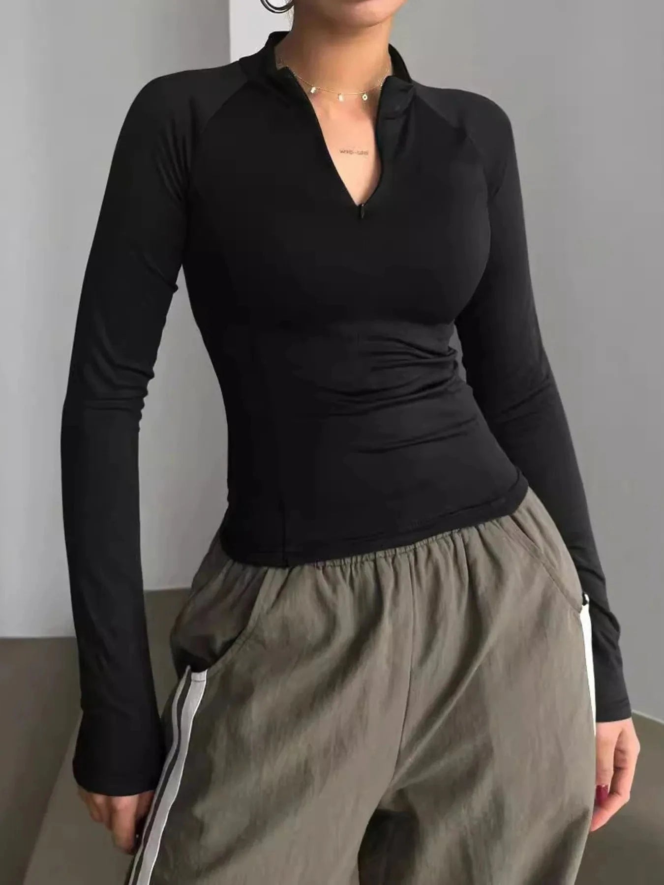 Long Sleeve Zip Front Fitted T-Shirt - ShalayeFashion