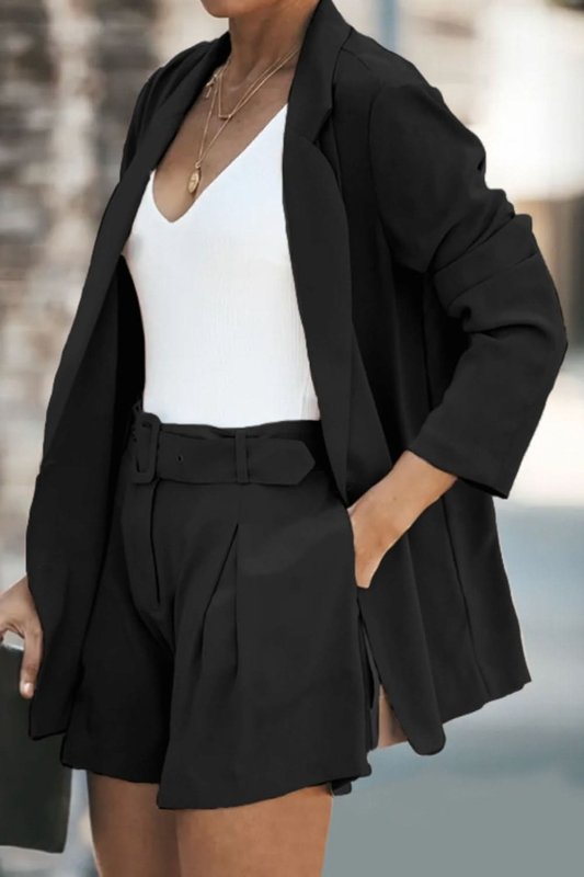 Longline Blazer and Shorts Set with Pockets - ShalayeFashion