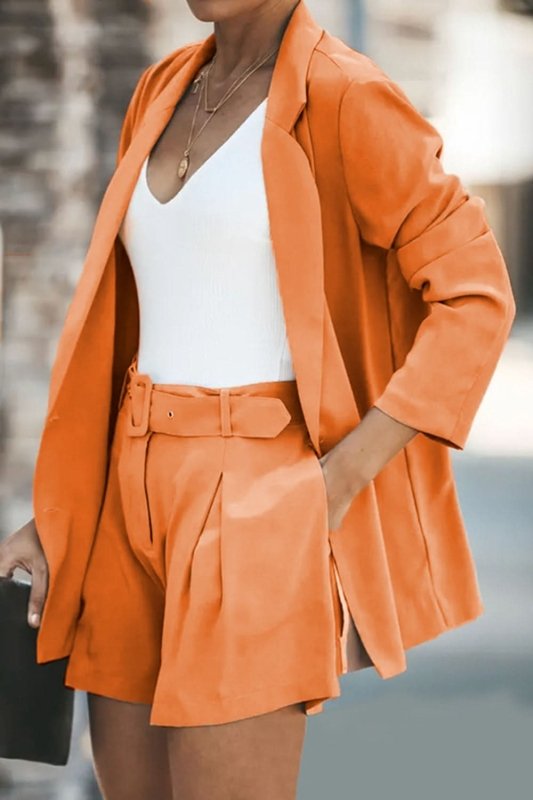 Longline Blazer and Shorts Set with Pockets - ShalayeFashion