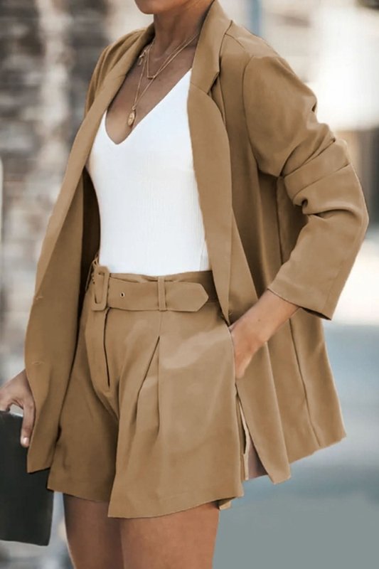 Longline Blazer and Shorts Set with Pockets - ShalayeFashion