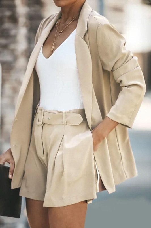 Longline Blazer and Shorts Set with Pockets - ShalayeFashion